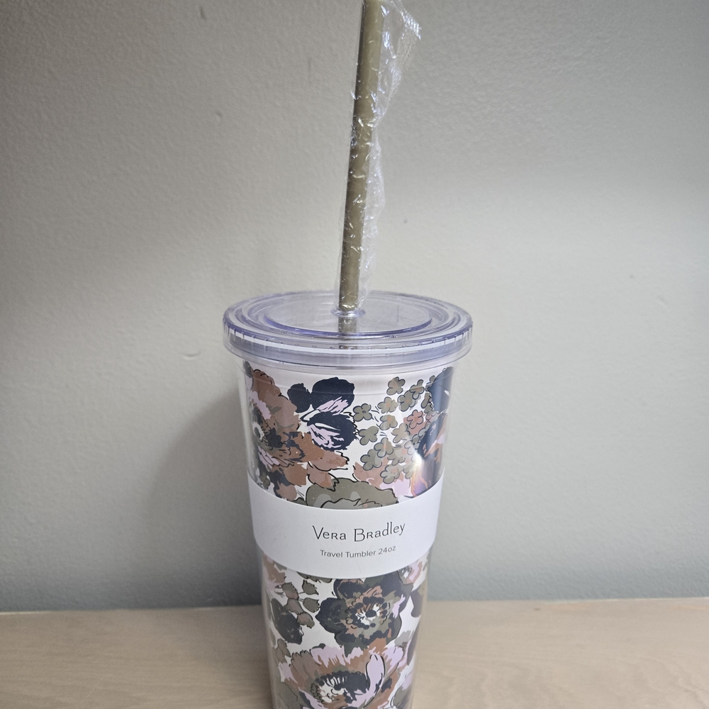 New Vera Bradley Travel Tumbler W/ Straw Lid 24 oz Petite Exuberant Floral Sage